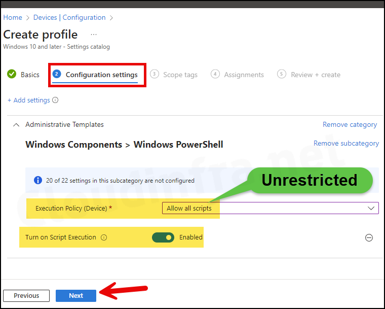 Steps to Configure Powershell Execution Policy using Intune: Configuration settings tab