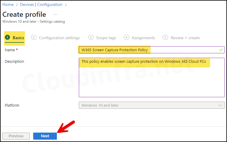 Screen capture protection policy on Intune: Basics tab