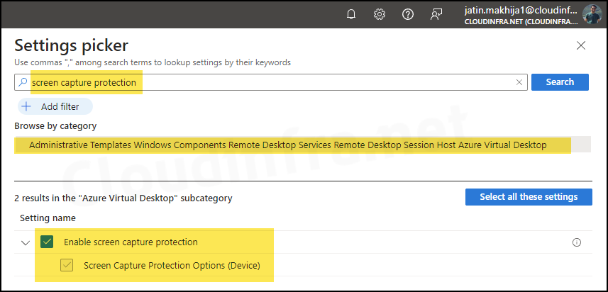 Screen capture protection policy on Intune: Settings picker