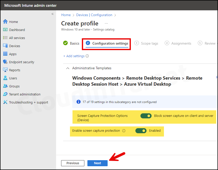 Screen capture protection policy on Intune: Configuration settings tab