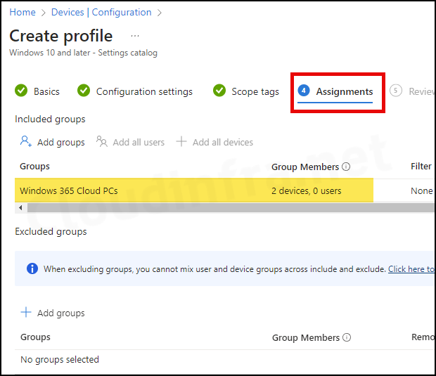 Steps to Configure Idle Session Limit using Intune: Assignments tab
