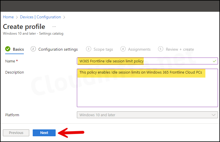 Steps to Configure Idle Session Limit using Intune: Basics tab