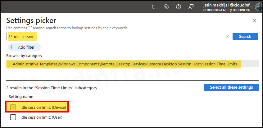 Steps to Configure Idle Session Limit using Intune: Configuration settings tab