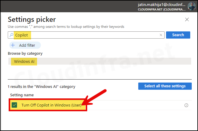 Turn Off Copilot in Windows (User) Settings catalog Policy