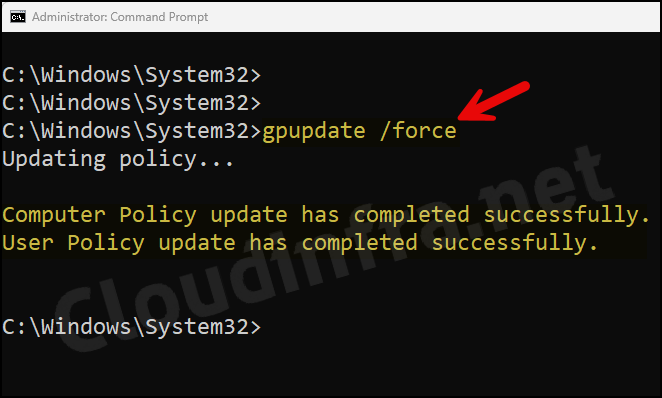 gpupdate /force command screenshot