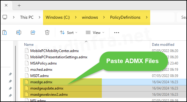 Paste ADMX Template files into the C:\windows\PolicyDefinitions folder
