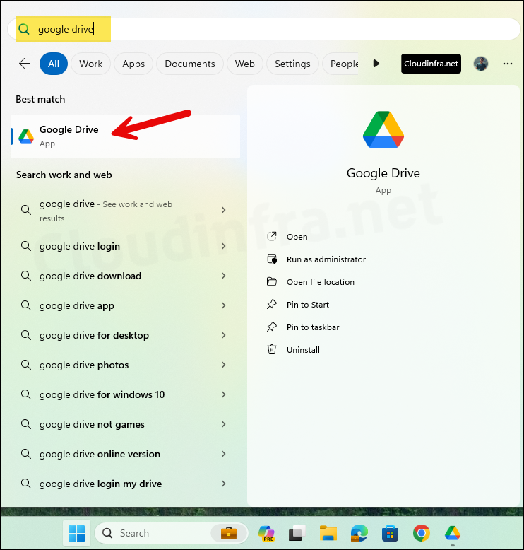 Check the start menu to confirm Google drive for desktop app installation