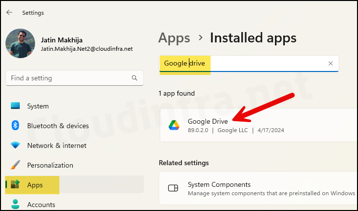 Check settings app to confirm Google drive for desktop app installation