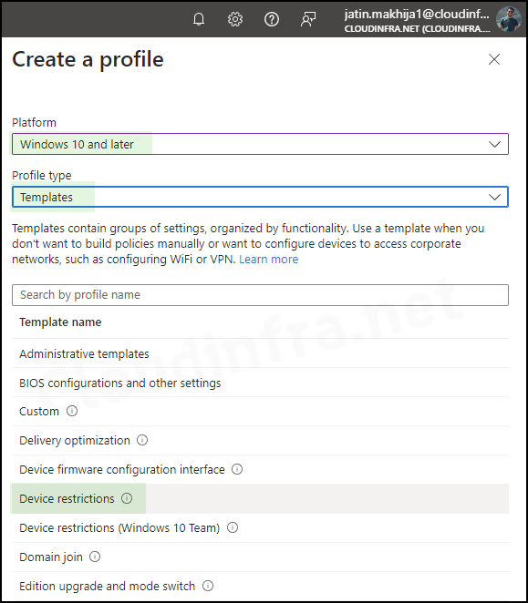 Device restriction template for blocking USB drive via Intune