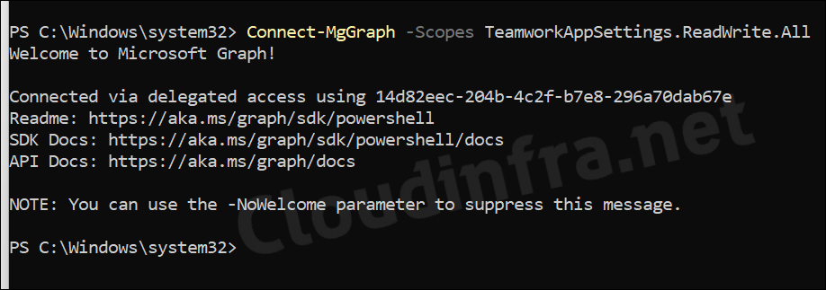 Connect-MgGraph -Scopes TeamworkAppSettings.ReadWrite.All