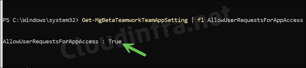 Get-MgBetaTeamworkTeamAppSetting | fl AllowUserRequestsForAppAccess