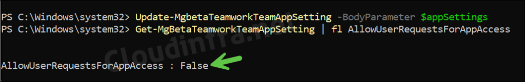 Update-MgbetaTeamworkTeamAppSetting -BodyParameter $appSettings