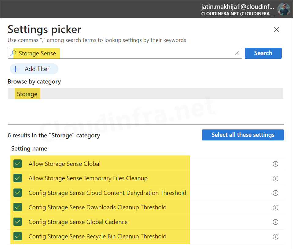 Select Storage sense settings using Settings picker