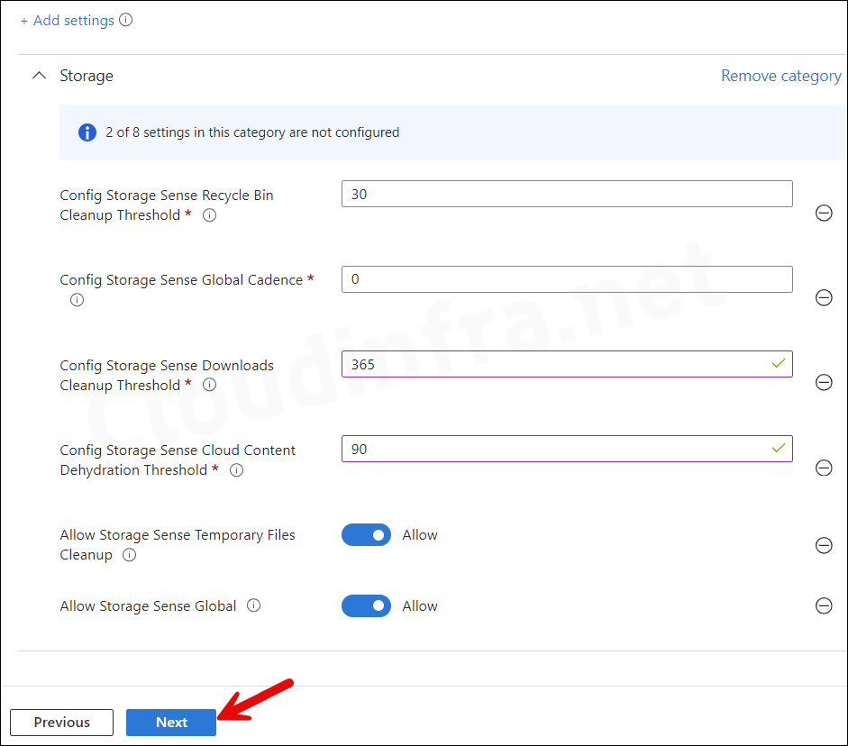 Configured Storage sense settings on Intune admin center