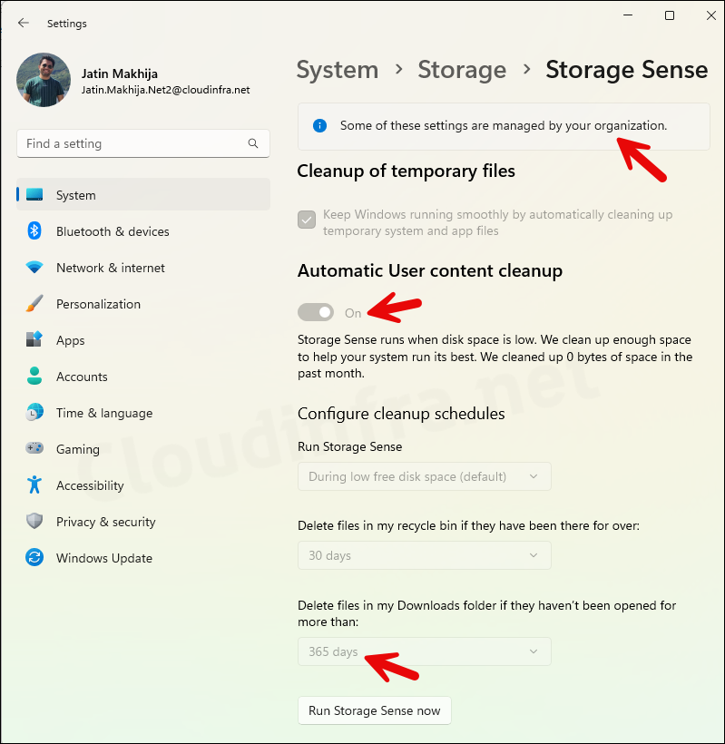 Storage sense settings enabled and greyed out on Windows device after applying the policy