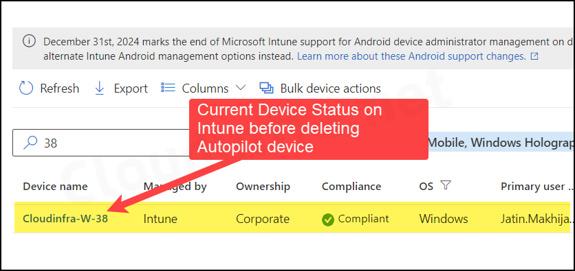 Status of the device object before deleting it from Autopilot