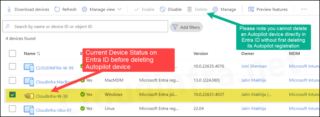 Status of the device object on Entra admin center before deleting it from Autopilot