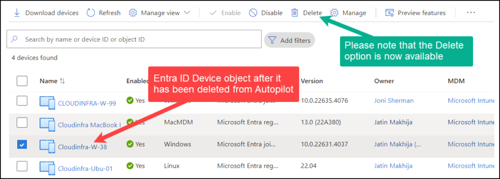 Status of the device object on Entra admin center after the device is removed from Autopilot