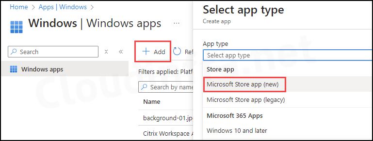 Select Microsoft Store app (new) app type