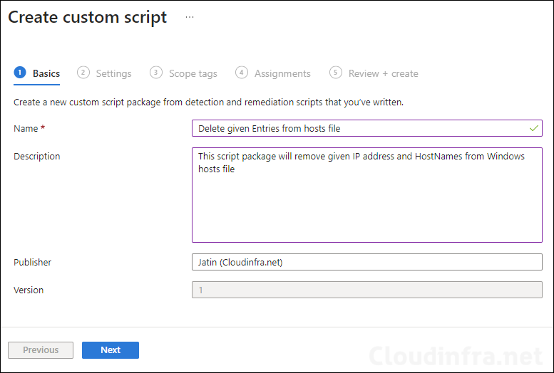 Create a script package to delete given entries from hosts file using Intune admin center