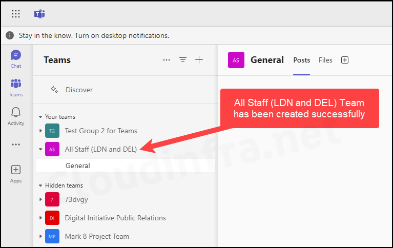 Verify the Team creation in Microsoft Teams App