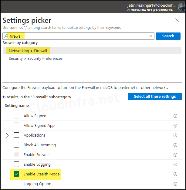 Select Enable Stealth Mode setting using Settings picker