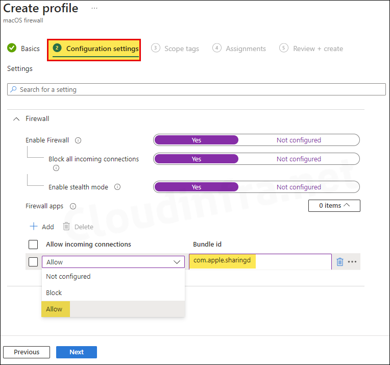 Configuration settings for macOS firewall on Intune admin center