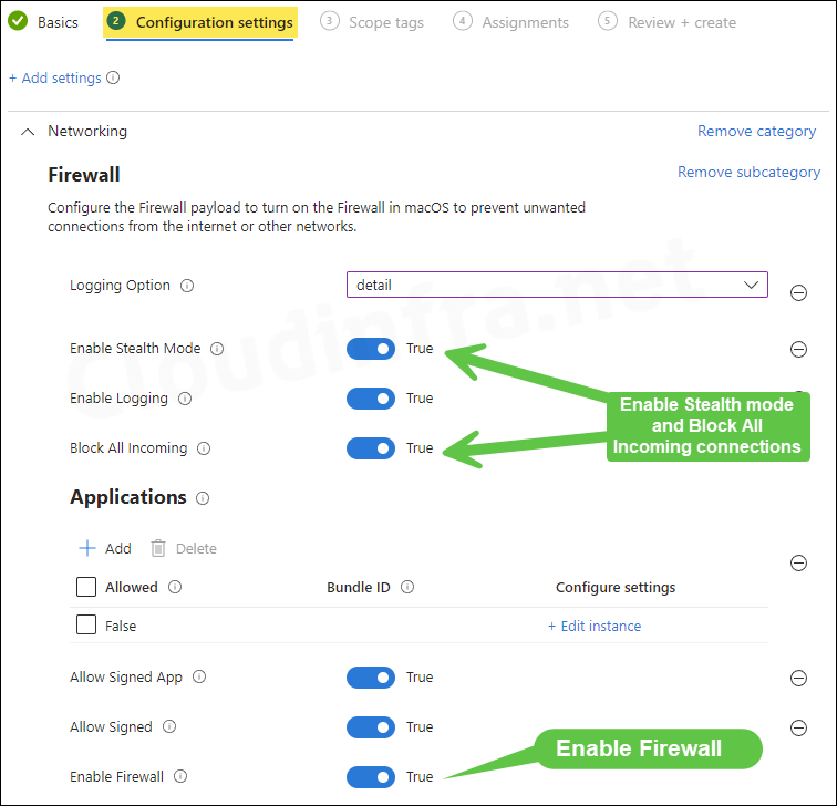 Details about macOS firewall settings on Intune admin center