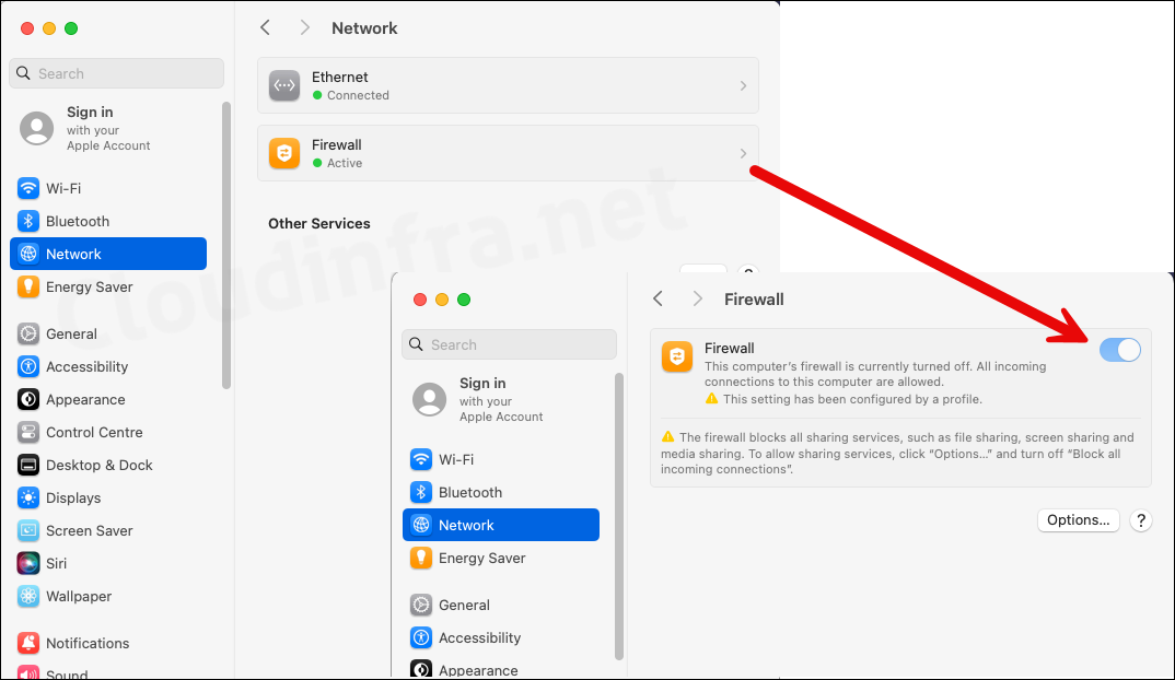 End user experience after enabling firewall on a Mac device via Intune admin center