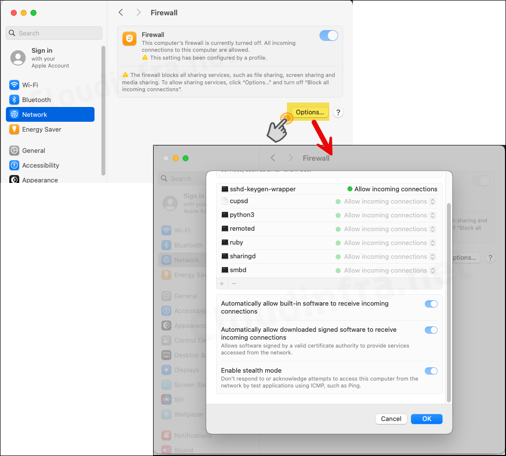 End user experience after enabling firewall on a Mac device via Intune admin center