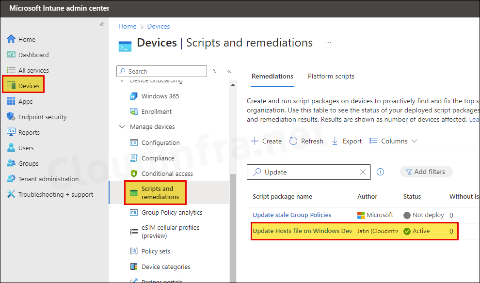 Monitor Intune remediation script package to check the status of the deployment