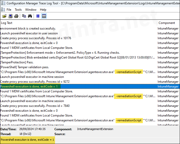 Intune device remediation log file and verification of the script package execution