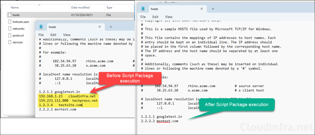 Given Entries in the script package have been removed from hosts file on a Windows Device