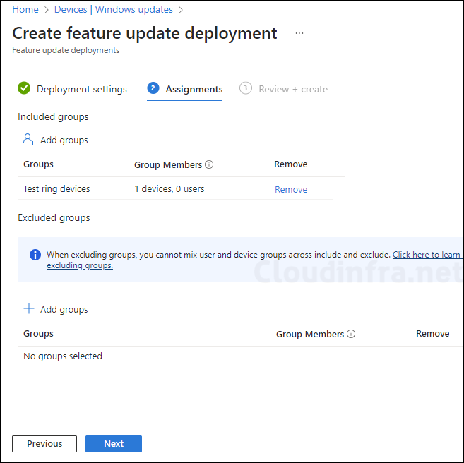 Assign feature update profile to Test ring first and then move on to Pilot and Production devices