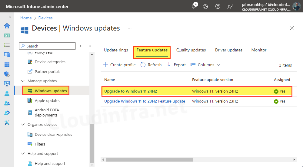 Feature update profile for Windows 11 24H2 created on Intune admin center