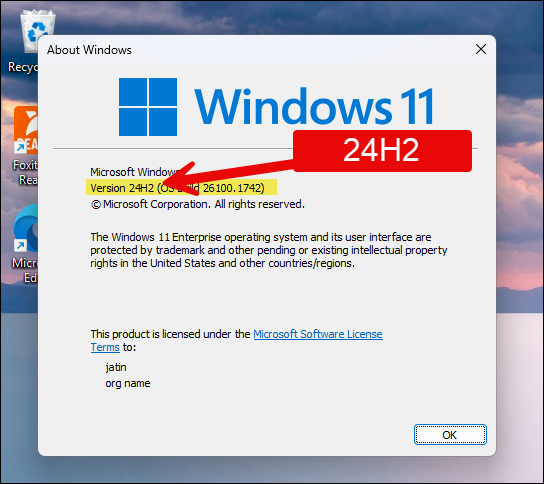 Use Winver to check and confirm if Windows 11 24H2 is installed successfully