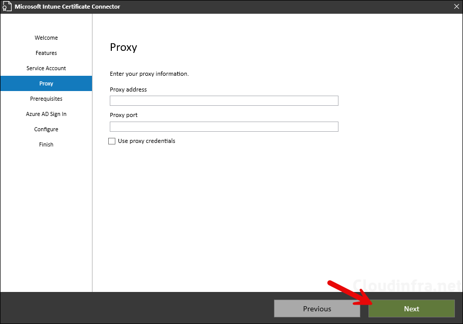 Proxy address information screen on Intune certificate connector