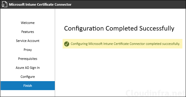 Intune certificate connector configuration completed successfully