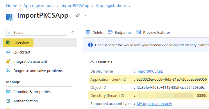 Copy ClientID and Tenant ID of Import PKCS app