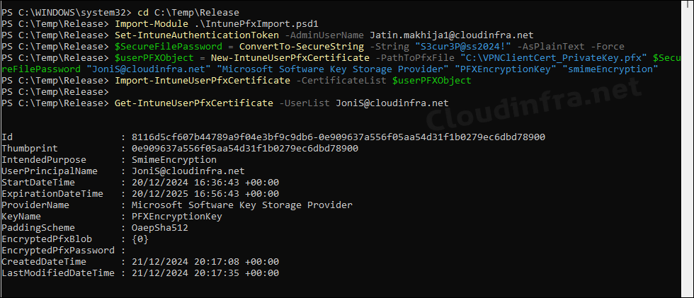 Import PFX certificate in Intune PowerShell commands