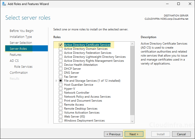 Select Active Directory Certificate Services.