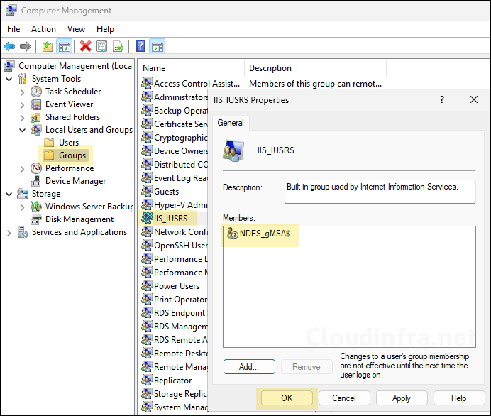 Add Group managed service account in IIS_IUSRS local group