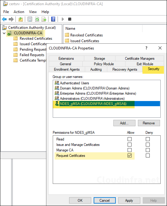 Provide Request Certificates Permission to gMSA on CA