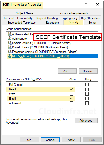 Read and Enroll Permission to gMSA on SCEP Certificate Template