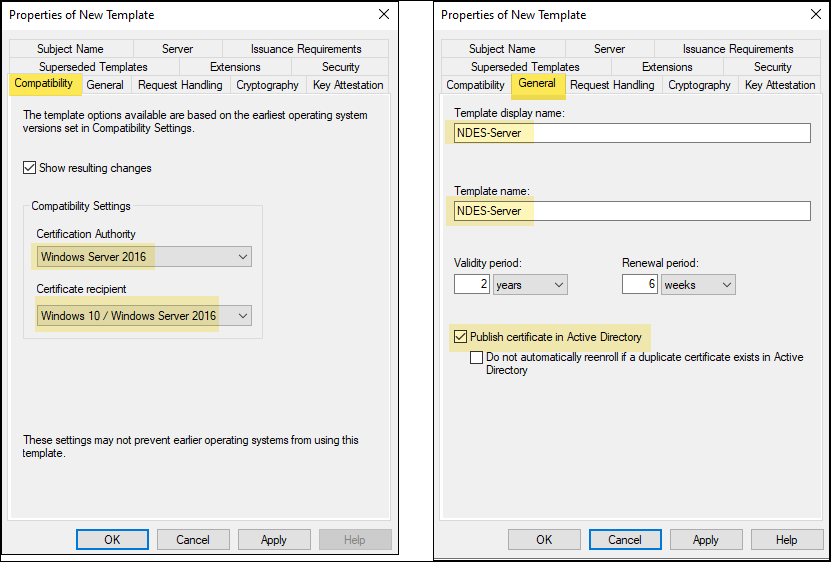 Provide name of the NDES server template e.g. NDES-Server