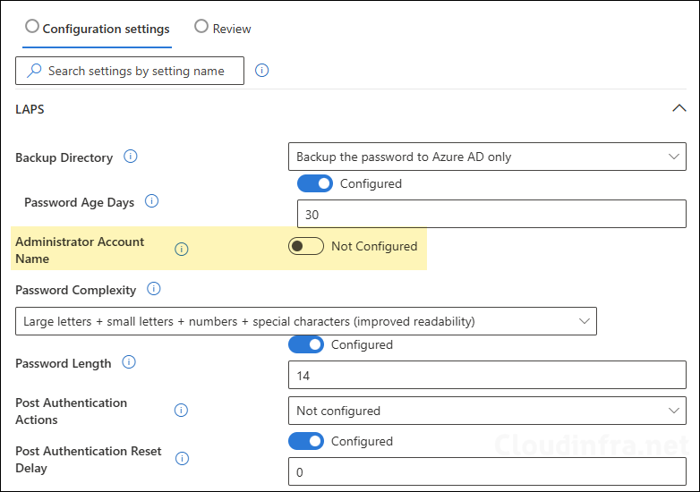 Windows LAPS Policy Administrator Account Name not configured