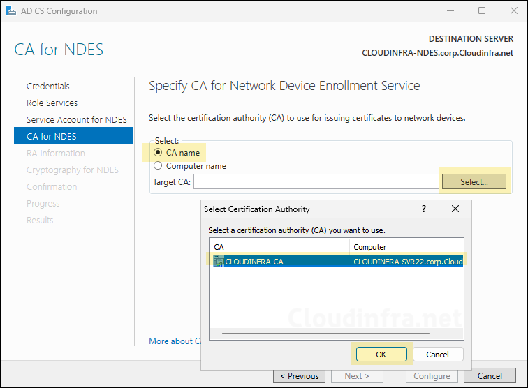 Select the Certificate Authority to connect.