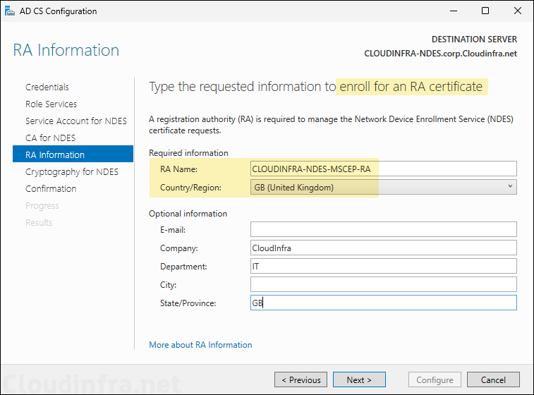 Provide Registration Authority name for issuing RA certificates