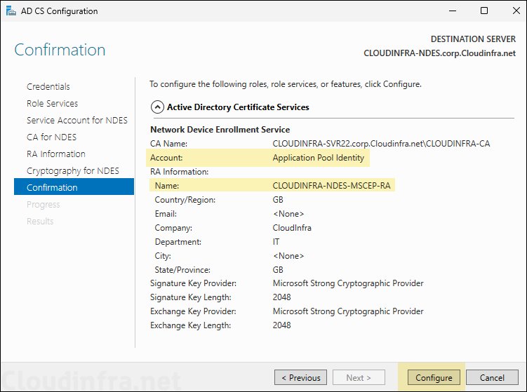 Click Configure to configure NDES role