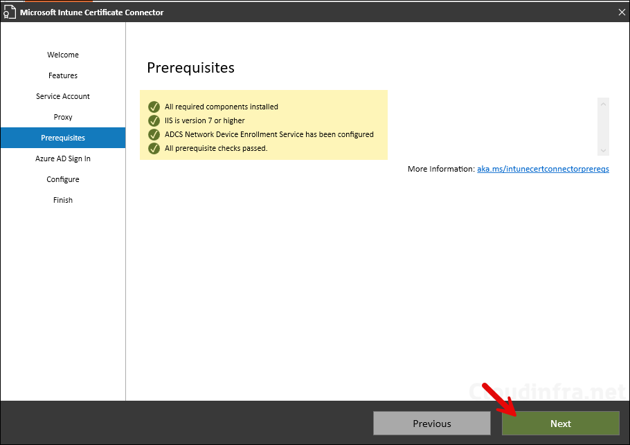 Intune certificate connector prerequisites check passed